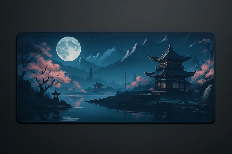 Moonlit Pagoda — XXL gaming desk mat, 36x16 inches